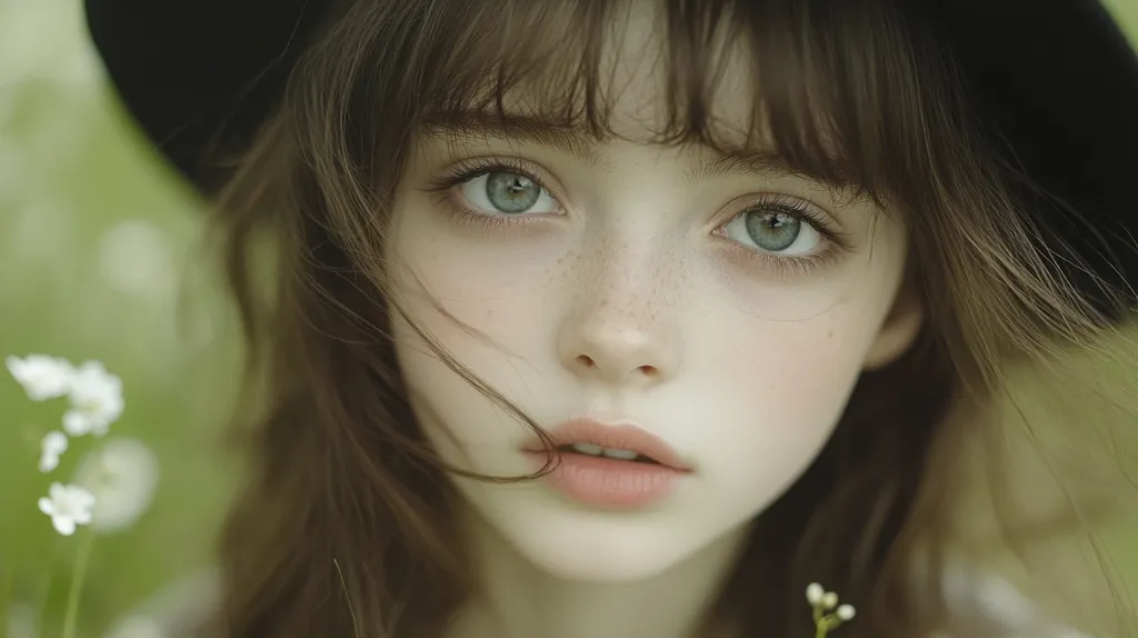 Close-up portrait of a young woman with fair skin and light freckles.  She has long, brown hair with bangs, partially obscuring her expressive green eyes.  She wears a dark hat, and a few strands of hair gently frame her face. The soft focus background suggests an outdoor setting with hints of green and white flowers. The overall mood is serene and ethereal.