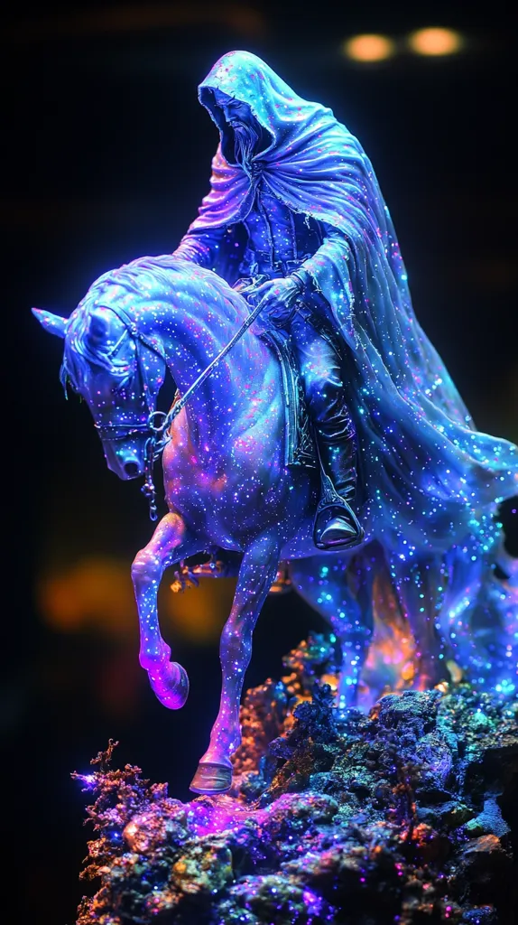 A vibrant, stylized statue depicts a hooded figure riding a horse.  Both horse and rider are rendered in a luminescent blue and purple, speckled with glittering points of light, resembling a celestial or cosmic effect. The base is textured and dark, providing a contrast to the brightly lit figures. The overall impression is one of fantasy and magic, possibly inspired by mythology or high fantasy literature.  The image’s dark background enhances the ethereal quality of the sculpture.