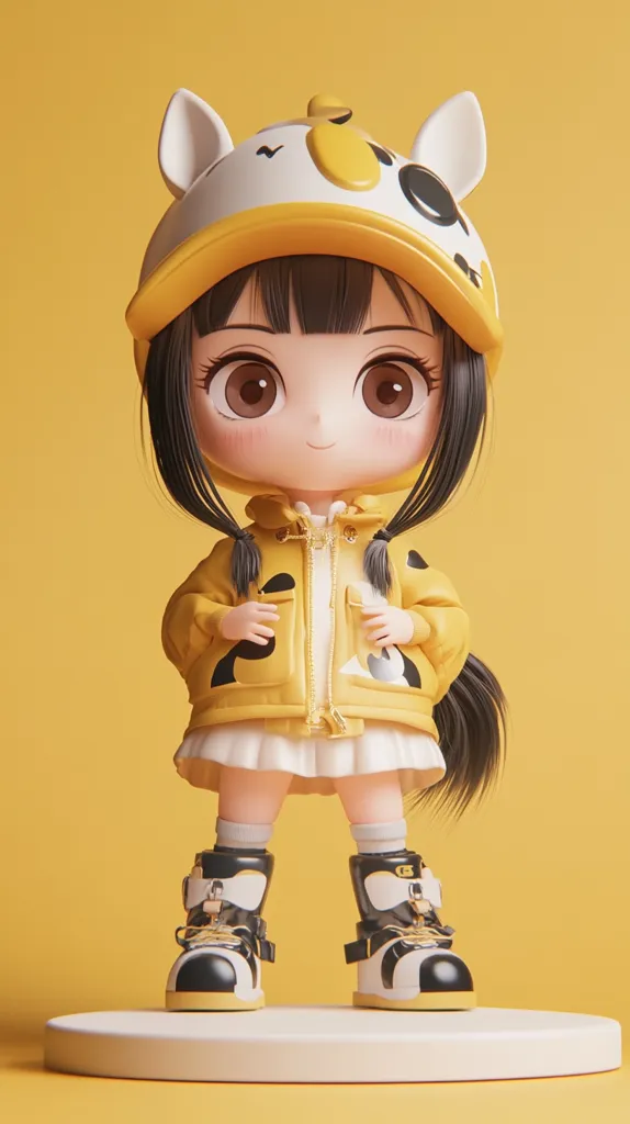 A cute, stylized 3D-rendered girl doll stands on a small, circular platform against a yellow backdrop.  She wears a yellow jacket with cartoonish spots, a matching hat with animal ears, and black and white boots. Her large, expressive eyes and small mouth contribute to her charming, childlike appearance.  The overall aesthetic is cheerful and playful, with a focus on soft, rounded shapes and bright colors.