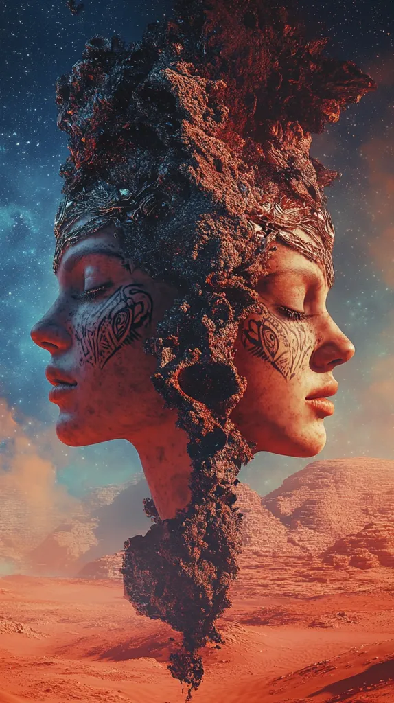 Here's a description of the image:

The artwork depicts two female faces, seemingly fused together, emerging from a dark, rocky formation resembling a crown or headdress. Their eyes are closed, and intricate, dark markings adorn their faces. The faces are a reddish-orange hue, contrasting with the darker rock.  The background is a surreal, Martian-like desert landscape under a starry night sky.  The overall style is digital art, with a blend of fantasy and sci-fi elements, suggesting a concept of duality or connection in an alien environment.