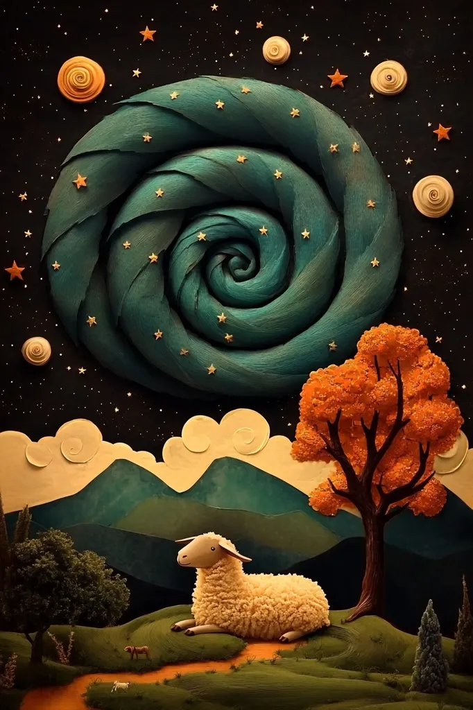 This whimsical artwork depicts a serene nighttime landscape crafted from textured materials.  A large, spiraling teal form dominates the sky, resembling a galaxy, studded with golden stars.  Smaller, swirling celestial bodies surround it. Below, a fluffy sheep rests peacefully in a verdant valley under an autumnal tree.  Rolling hills and stylized clouds complete the charming, dreamlike scene, creating a fantastical and peaceful atmosphere.