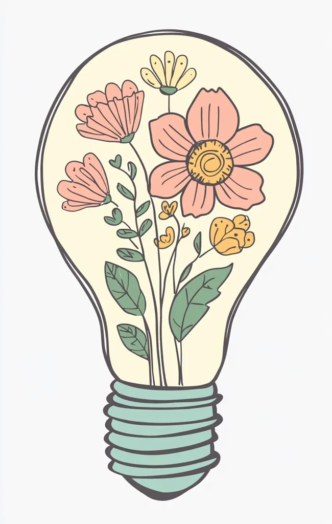 Here's a description of the image:

The illustration depicts a lightbulb filled with a charming bouquet of flowers. The flowers are primarily pastel pink and yellow, with varying shapes and sizes, suggesting a diverse and cheerful arrangement. The lightbulb itself is outlined in a simple, hand-drawn style, with a pale yellow interior and a light teal base. The overall style is whimsical and suggests ideas of nature and creativity, possibly representing the blossoming of an idea or a connection between nature and innovation.
