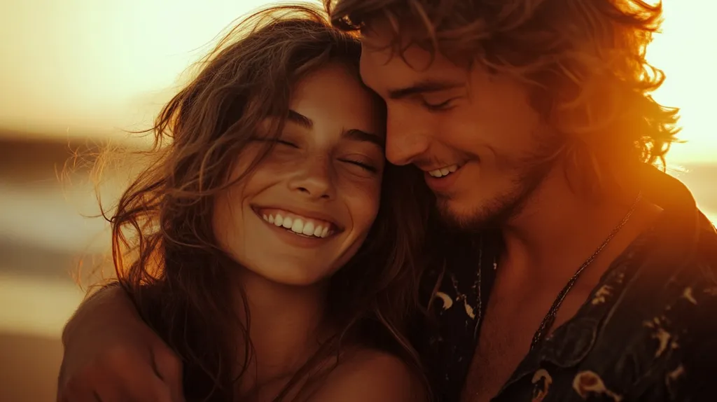 Bathed in the golden light of sunset, a young couple embraces. The woman, with long, wavy brown hair, smiles radiantly, her eyes closed in contentment.  Her male companion, with equally long, curly hair, leans in close, his smile mirroring hers.  Their intimacy is palpable, a tender moment captured in the warm hues of the evening.  The image conveys a sense of love, happiness, and peaceful connection.