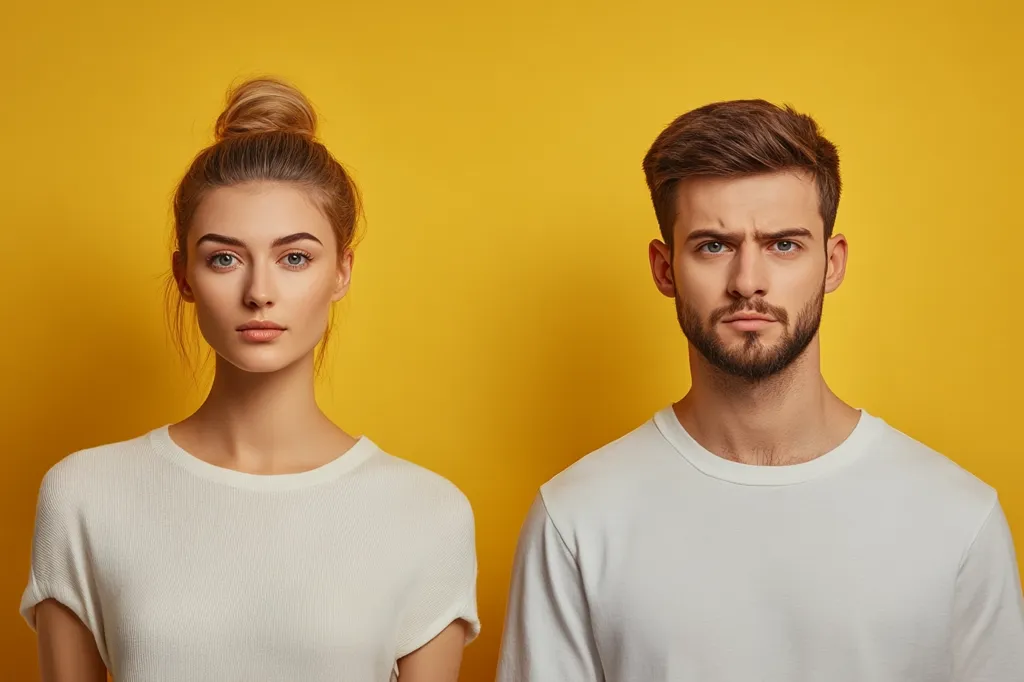 Here's a description of the image:

A young woman and man stand side-by-side against a vibrant yellow backdrop.  Both are dressed in simple, plain white t-shirts. The woman's blonde hair is styled in a high bun, while the man sports neatly styled brown hair and a short beard. Their expressions are serious and slightly disapproving, creating a sense of tension or disagreement between them.  The image is sharply focused, with bright, even lighting.