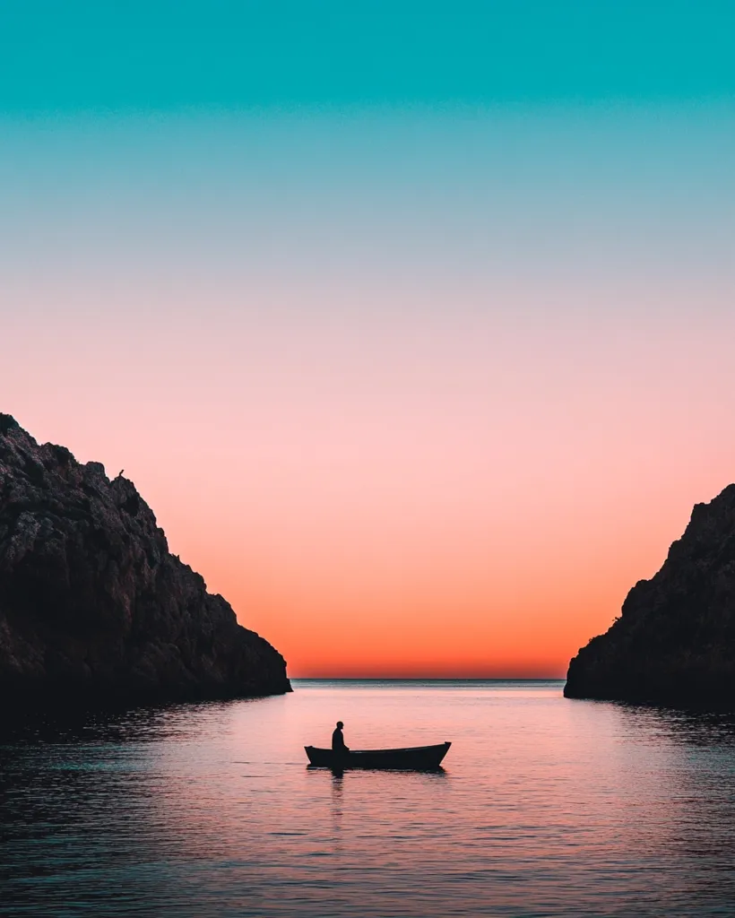 A solitary figure sits in a small boat, silhouetted against a breathtaking sunset.  The tranquil water is nestled between two dark, imposing cliffs, creating a narrow passage.  The sky displays a vibrant gradient of teal, pink, and orange hues, reflecting the calm and peaceful atmosphere of the scene. The overall image evokes a sense of serenity and contemplation.
