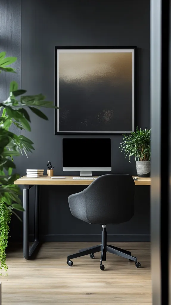 A minimalist home office features a dark gray wall, a light wood desk, and black accents.  A framed abstract painting hangs above a desktop computer.  A black office chair sits at the desk, along with a potted plant and books.  Lush greenery is visible in the foreground, adding a natural element to the sleek, modern workspace.  The overall aesthetic is sophisticated and understated.