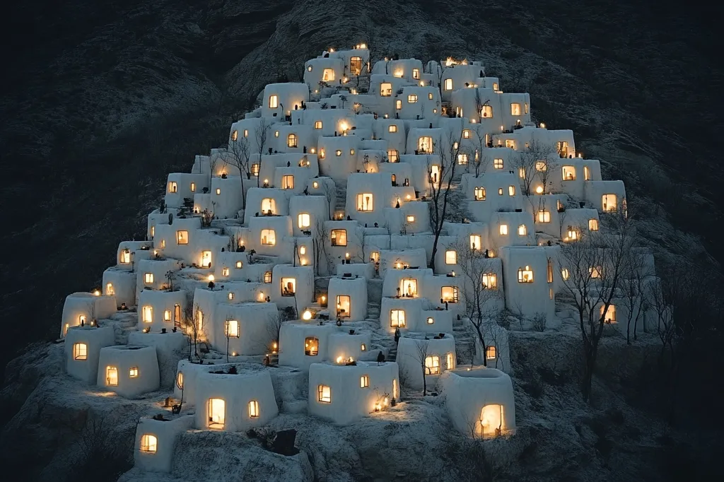 A hillside village at night, illuminated by warm interior lights.  Hundreds of small, white, cube-shaped buildings cling to the slope, creating a mesmerizing, layered effect.  The structures appear to be nestled into the earth, with sparse, dark trees scattered throughout.  The overall scene evokes a sense of peaceful seclusion and quiet beauty.