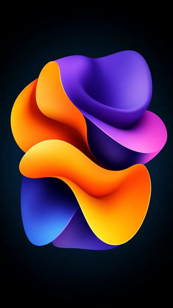 The image showcases an abstract composition of vibrant, flowing shapes.  Layers of bright orange, deep purple, and royal blue appear to blend and overlap, creating a sense of movement and depth against a stark black background. The forms are smooth and organic, resembling fluid, sculpted petals or waves. The contrast between the bold colors and the dark backdrop emphasizes the dynamic energy of the design.  The overall effect is visually striking and modern.