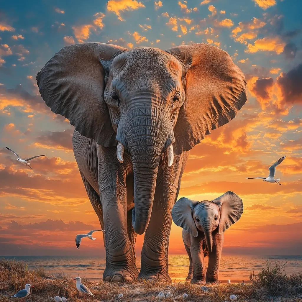 A majestic African elephant and its calf stand on a beach at sunset.  The large elephant, powerfully built, dominates the foreground, its massive ears spread wide. The smaller calf stands protectively close, its ears also slightly flared. The vibrant sunset sky, painted in oranges and yellows, contrasts beautifully with the elephants' gray skin. Several seagulls fly in the sky, adding to the serene yet dramatic scene. The overall impression is one of peaceful power and familial connection against a breathtaking backdrop.