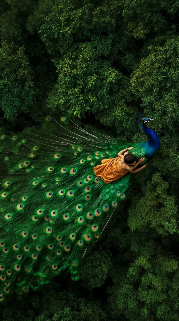 Here's a description of the image:

An overhead shot captures a vibrant peacock with its feathers fully displayed. A person in a mustard-yellow garment is nestled against the peacock's body, their arms gently wrapped around the bird.  The scene is set against a dense backdrop of lush green foliage, creating a striking contrast of color and texture. The image evokes a sense of serene beauty and harmony between nature and humanity.