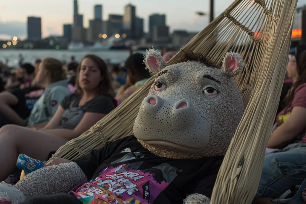 Here's a description of the image:

A person wearing a large, realistic hippopotamus costume is comfortably lounging in a woven hammock at an outdoor movie screening.  The backdrop is a blurred cityscape at twilight, with city lights twinkling across a body of water. Other people are visible in the background, also enjoying the event. The hippo costume is detailed, featuring a textured face and pink inner ears. The costume wearer is dressed in a vibrant, colorful t-shirt beneath the hippo head. The overall atmosphere is relaxed and fun.