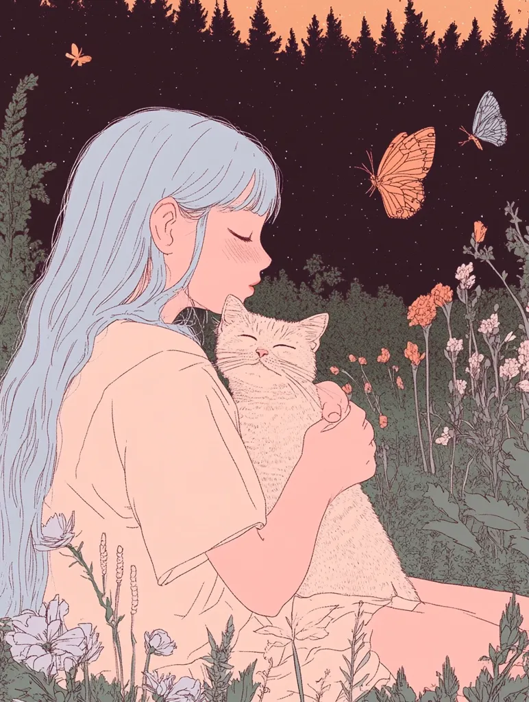 Here's a description of the image:

The illustration depicts a serene scene of a young girl with long, light blue hair gently cradling a light-colored cat.  They are seated amidst a field of delicate wildflowers and tall grasses, silhouetted against a dark forest and starry night sky.  Two butterflies flutter nearby, adding to the peaceful and whimsical atmosphere. The artwork is rendered in soft, pastel colors with a delicate line style, creating a calming and dreamlike effect.  The girl's expression is peaceful and content, reflecting a sense of tranquility and connection with nature and her pet.