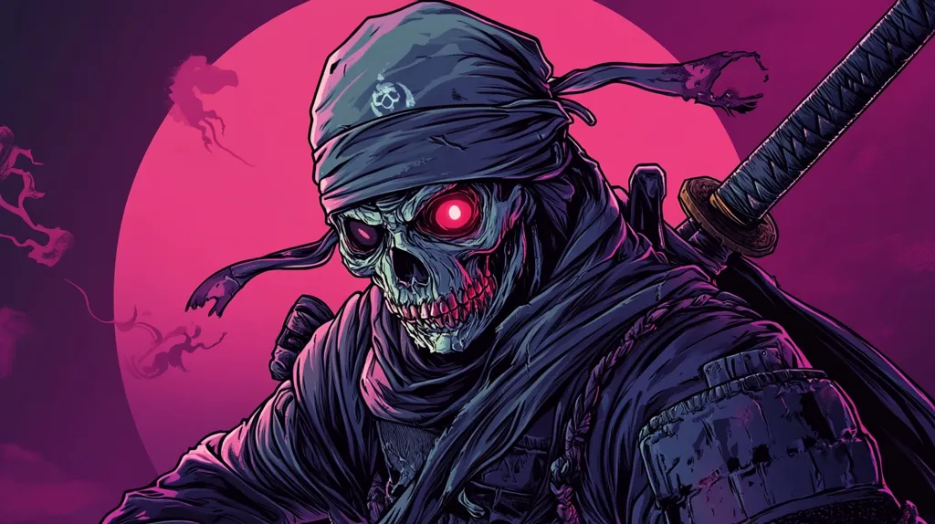 Here's a description of the image:

The artwork depicts a stylized skull-faced samurai, clad in dark purple and blue ninja garb. The skull has glowing red eyes, adding a sinister touch.  A katana is prominently displayed, its hilt partially visible. The samurai's head is wrapped in a dark bandana with a faint symbol. The background features a large, pinkish-red circle, possibly representing a rising or setting sun, against a dark purple backdrop.  The overall style is bold, graphic, and suggestive of a video game or fantasy art.