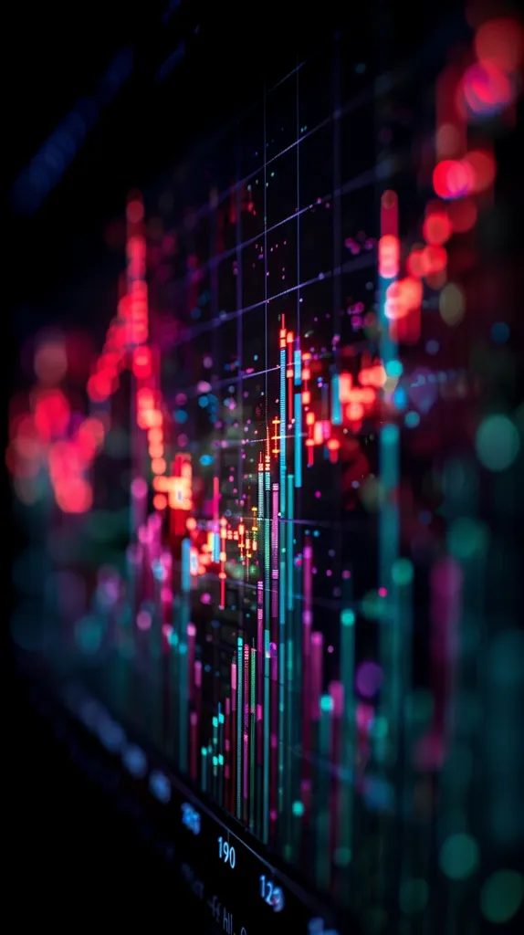 The image shows a close-up view of a computer screen displaying a dynamic graph. The graph is composed of numerous vertical bars in shades of red, pink, teal, and purple, suggesting stock market data or similar financial information.  The bars vary in height, creating a visually striking pattern.  The background is dark, enhancing the vibrant colors of the graph, which appear almost luminescent. A shallow depth of field emphasizes the graph's detail, blurring the background and edges.  Numbers are partially visible at the bottom, adding context to the quantitative nature of the display.