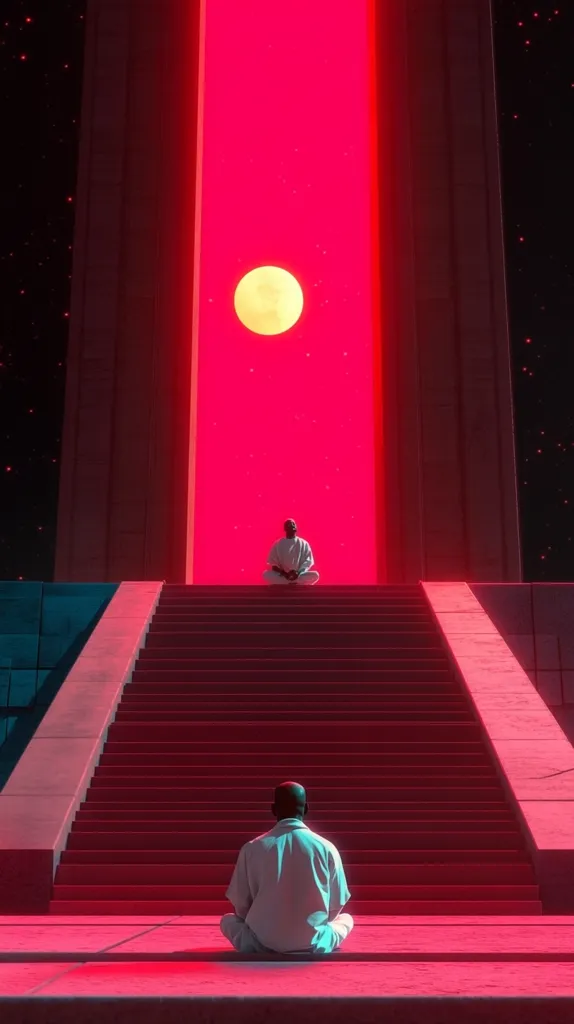 The image depicts a surreal, minimalist scene. Two figures, seated in meditative poses, flank a grand staircase leading to a large, glowing red doorway.  A full, yellow moon is visible through the doorway, contrasting with the dark, starry sky. The architecture is stark and geometric, bathed in a vibrant, almost neon-like red hue. The overall atmosphere is one of serenity and spiritual contemplation, enhanced by the striking color palette and composition.