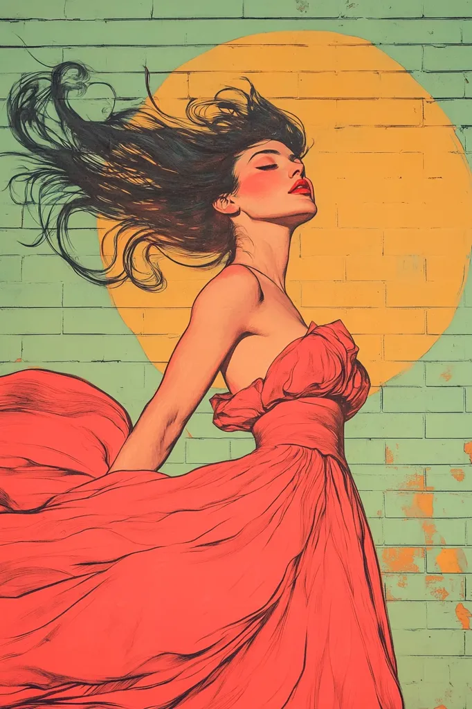 Here's a description of the image:

The illustration showcases a woman with long, dark hair flowing dramatically in the wind.  She's wearing a vibrant coral-red, strapless gown that billows around her as she seems to twirl.  Her eyes are closed, and her head is tilted back slightly, suggesting a feeling of freedom and joy. The background is a stylized brick wall, a faded teal with a large, warm yellow circle behind the woman, creating a striking contrast. The style is reminiscent of vintage pin-up art with a modern twist.  The overall mood is one of romantic whimsy.