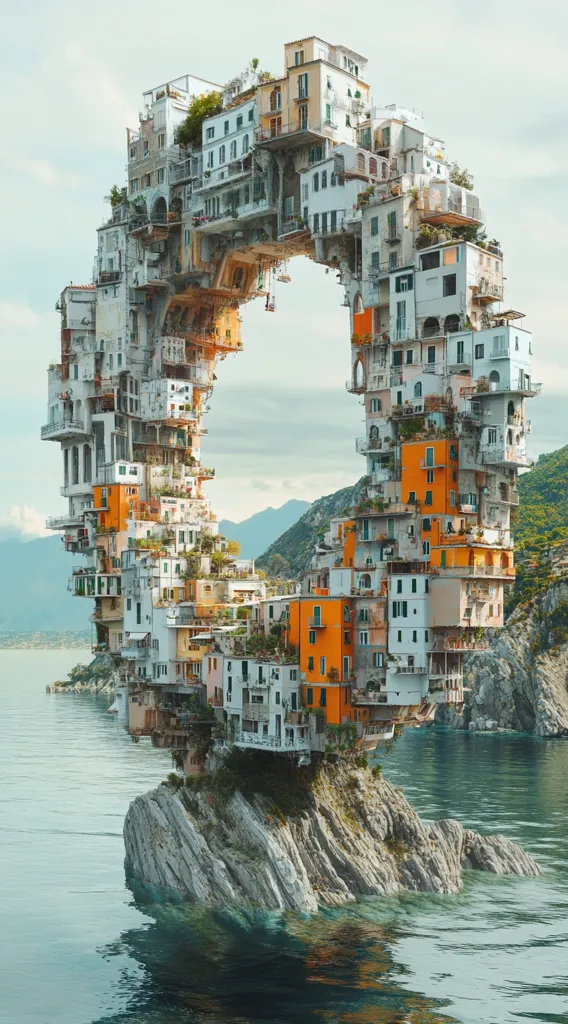 A digitally created image depicts a whimsical coastal town.  Buildings, reminiscent of Mediterranean architecture, are stacked and interwoven to form a large, circular structure encircling a central void. This unique formation appears to rest precariously on a rocky outcropping jutting from calm, turquoise water, against a backdrop of hazy mountains.  The vibrant colors of the buildings contrast beautifully with the serene natural landscape. The overall effect is surreal and captivating.