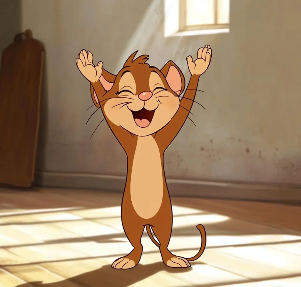 A cheerful, cartoon mouse stands in a sunlit room, its arms raised in joyous abandon.  The mouse has large, expressive eyes and a wide, open mouth, showcasing its happy demeanor. Its brown fur contrasts against the light wooden floor and the muted tones of the room's walls. Sunlight streams through a window, casting shadows across the floor, adding to the warm, inviting atmosphere. The overall style suggests a children's animation or illustration.