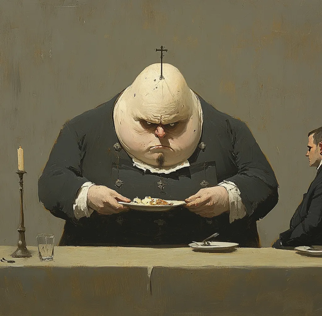 The painting depicts a grotesque, obese figure with a cross atop his head, seated at a table.  He dominates the scene, his scowling face and large, fleshy form creating a sense of unease. He holds a plate of food, seemingly oblivious to a thinner man seated beside him. The style is reminiscent of classical portraiture, but the subject's exaggerated features and unsettling presence create a surreal and darkly humorous effect. The overall palette is muted, emphasizing the central figure's unsettling presence.