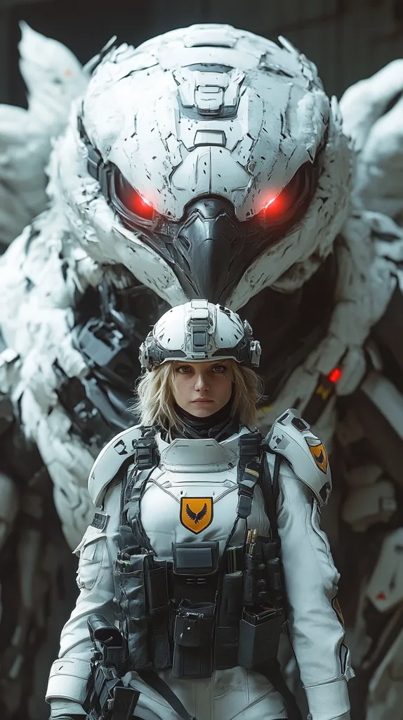 The image shows a female soldier in futuristic white armor, standing before a massive, bird-like mech.  The mech is primarily white with red glowing eyes, giving it a menacing yet awe-inspiring presence. The soldier's armor is detailed, featuring tactical gear and a small, orange bird emblem. The background hints at a gritty, industrial setting. The contrast between the human figure and the powerful machine creates a dramatic and visually arresting scene.
