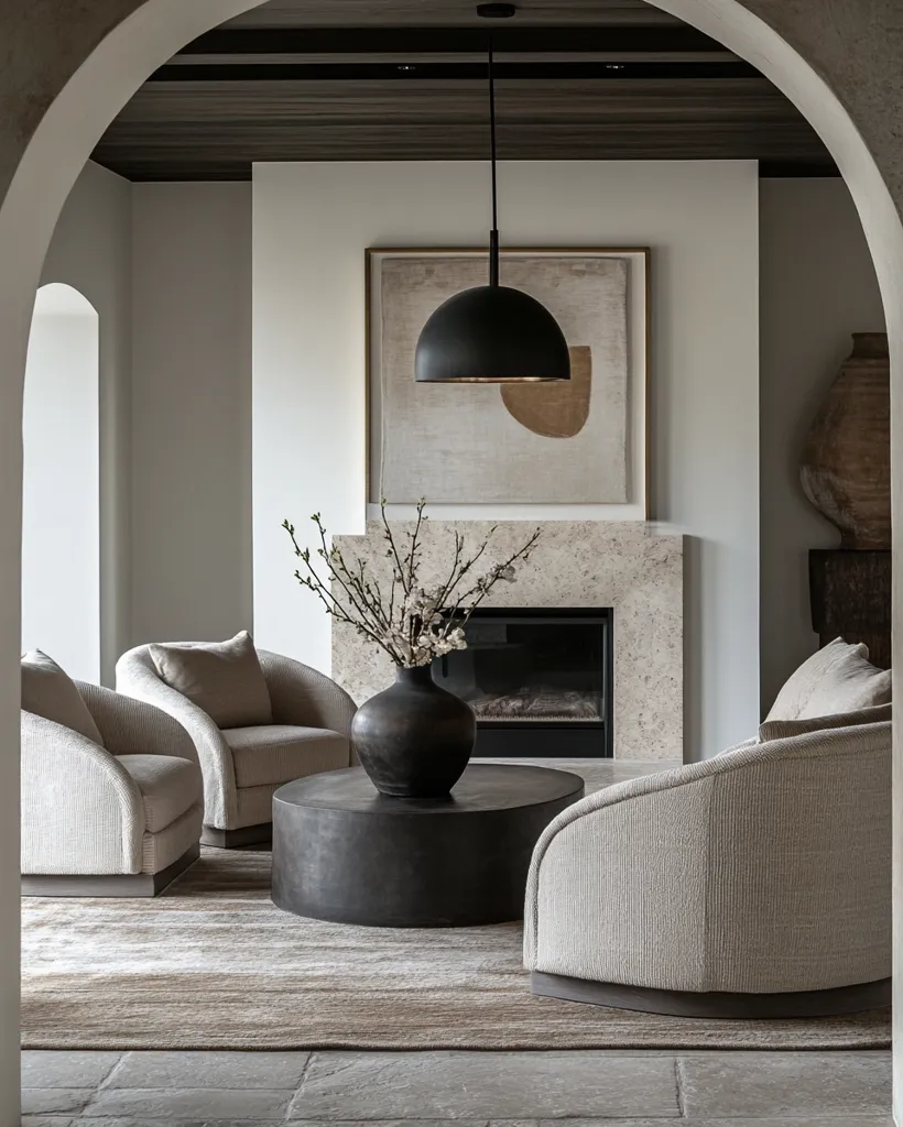 A minimalist living room features a neutral color palette and curved furniture.  Two beige armchairs flank a dark metal coffee table, which holds a dark vase with branches. A modern black pendant light hangs above.  A marble fireplace with a neutral abstract painting above it anchors the space.  The room's architecture includes an arched entryway, adding to the sophisticated design. The overall aesthetic is calm, luxurious, and modern.