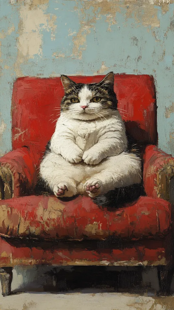 A plump, tuxedo cat sits serenely in a worn, red armchair against a textured, light blue wall. The cat's posture is upright, its paws neatly tucked together.  The painting style is reminiscent of classical realism with visible brushstrokes, highlighting the textures of both the cat's fur and the aged fabric of the chair. The overall mood is one of quiet dignity and contentment.