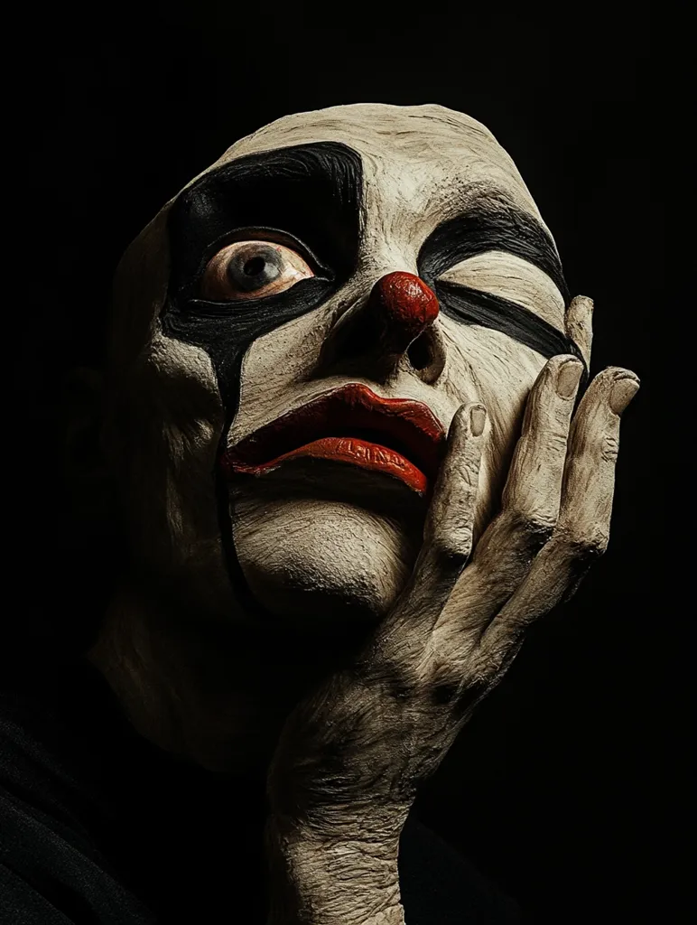 Close-up of a disturbing clown's face, heavily made up with exaggerated features.  One eye is wide and staring, the other winking, creating an unsettling contrast. The clown's expression is melancholic, perhaps even sinister.  A hand, appearing aged and weathered, rests gently against the face, adding to the eerie atmosphere. The dark background emphasizes the pale makeup and enhances the overall unsettling effect.  The image evokes feelings of unease and mystery.