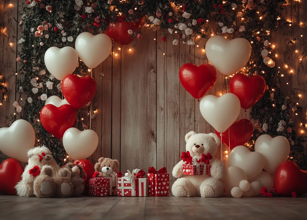 A Valentine's Day scene features heart-shaped balloons in red and off-white, arranged against a rustic wooden backdrop adorned with flowering vines and fairy lights.  Two teddy bears sit in the foreground, one holding a gift.  Several red and white gift boxes are scattered at their feet.  The overall atmosphere is romantic and festive, perfect for a celebratory backdrop.