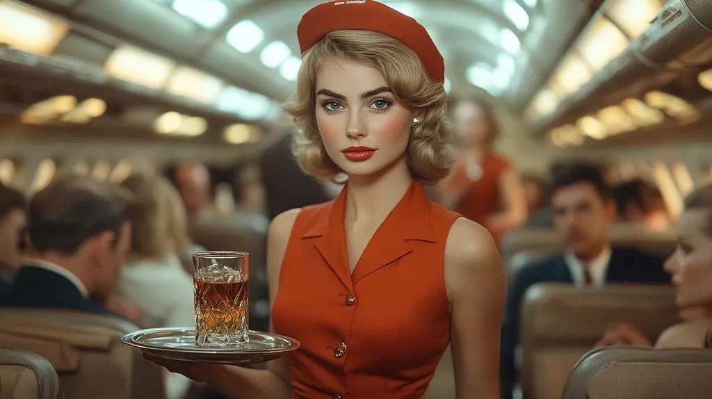 A stylish blonde woman in a red sleeveless dress and red beret serves a drink on a silver tray aboard a vintage airplane.  The setting is reminiscent of the mid-20th century, with passengers visible in the background, blurred but suggesting a scene of air travel from a bygone era. The woman's makeup is impeccable, her expression confident and poised.  The overall mood is sophisticated and nostalgic.
