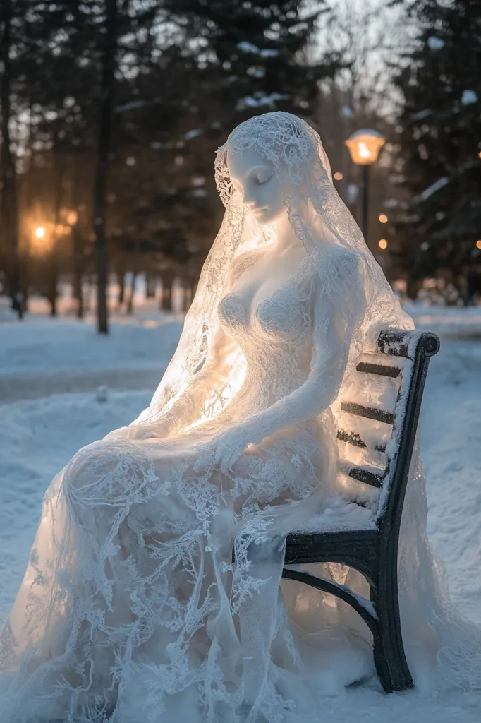 Here's a description of the image:

A breathtaking ice sculpture depicts a bride in a lace wedding gown, seated on a park bench in a snowy winter scene. The sculpture is strikingly detailed, capturing the delicate texture of the lace and the soft folds of the dress.  A soft, warm light illuminates the figure from within, giving it an ethereal glow against the cold, snowy background.  The background is blurred but shows a park setting with trees and distant lights, adding to the magical ambiance. The overall effect is one of serene beauty and quiet contemplation.