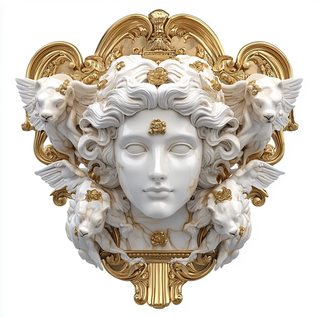 Here is a description of the image:

The image shows a striking, ornate relief sculpture. A serene, marble-like female head, possibly a goddess, is the centerpiece, framed by an elaborate gilded Rococo-style border. The woman's face is pale, with gently styled wavy hair, and she has a calm expression.  Small, winged lambs or rams flank her on either side, adding to the decorative, possibly mythological, nature of the piece. The gold frame is intricately detailed with swirling patterns and flourishes, contrasting beautifully with the cool white of the central figure. The overall effect is one of luxurious elegance and classical grandeur.