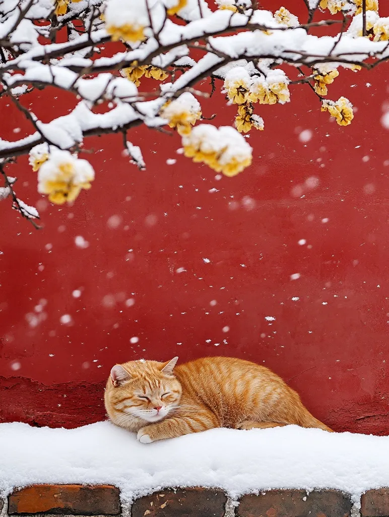 A ginger cat naps peacefully in the snow, nestled against a vibrant red wall.  Snowflakes gently fall, dusting the scene.  Above, a snow-laden branch of yellow winter flowers adds a touch of color against the red backdrop. The overall image is serene and picturesque, evoking a sense of calm amidst the winter weather.  The contrast of the warm cat against the cool snow and red wall is striking.