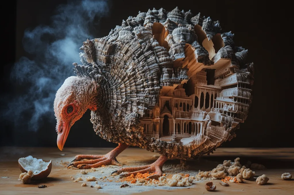 Here's a description of the image:

The photograph showcases a surreal juxtaposition of a bird and architecture. A turkey-like bird, seemingly composed of intricately carved, dark grey stone, stands on a wooden surface. Its body is hollowed, revealing a detailed miniature city nestled within.  The city’s light beige stone contrasts with the bird's darker exterior.  A wisp of steam rises from the bird, adding an element of mystery. Scattered crumbs and a broken eggshell lie on the wood around the bird's feet, hinting at a narrative. The dark background accentuates the details of the artwork. The overall effect is striking and thought-provoking, blurring the lines between nature and human creation.