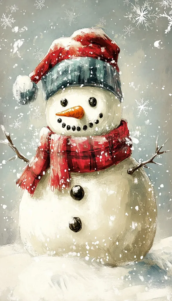 Here's a description of the image:

A charming, painted snowman stands in a softly falling snow.  He wears a red and blue hat, a red plaid scarf, and has classic coal buttons. His carrot nose is prominent, and his cheerful face is framed by the snowy background.  The style is painterly, with visible brushstrokes adding texture and depth.  Snowflakes gently descend around him, creating a peaceful, winter wonderland scene. The overall feeling is one of cozy warmth and festive cheer.