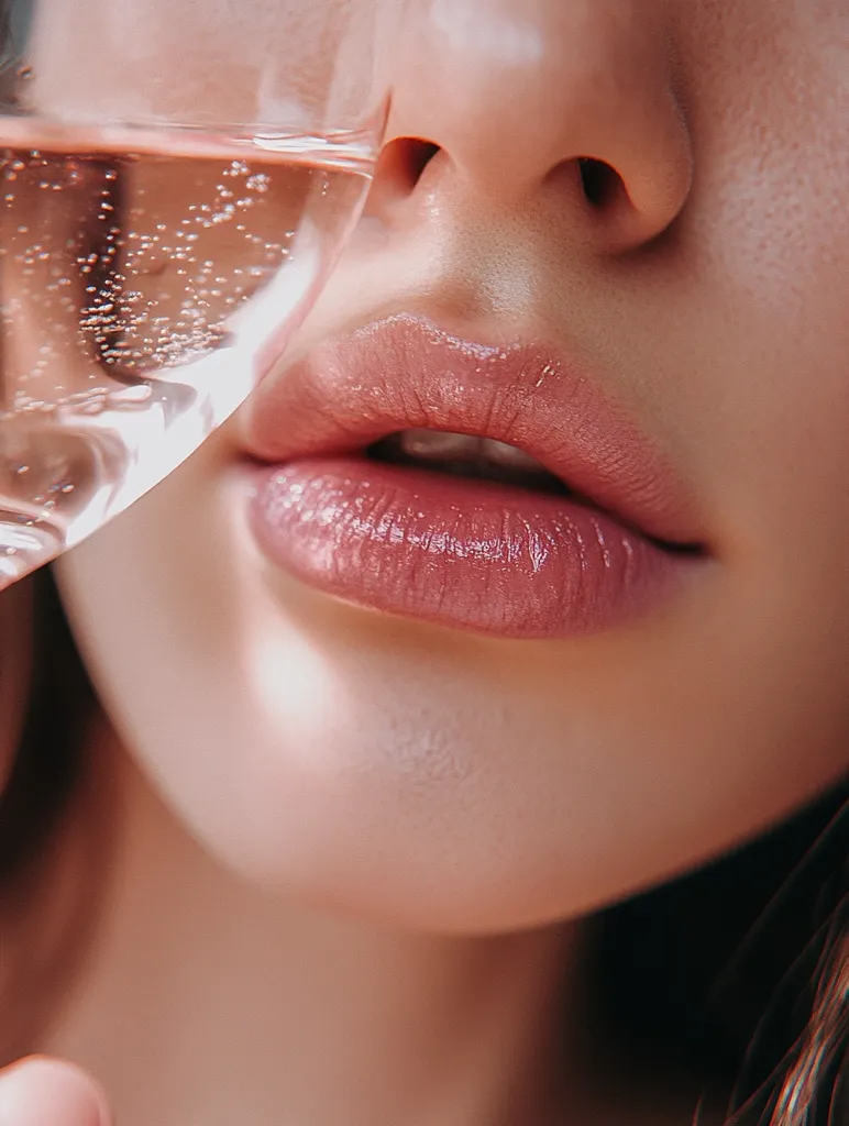 Close-up of a woman's face, focusing on her lips and nose.  She's holding a glass of sparkling rosé wine, the bubbles visible in the glass.  Her lips are full and a soft, rosy pink, accentuated by soft lighting. The overall aesthetic is elegant and sensual, with a focus on beauty and a hint of luxury.  The skin appears smooth and flawless.