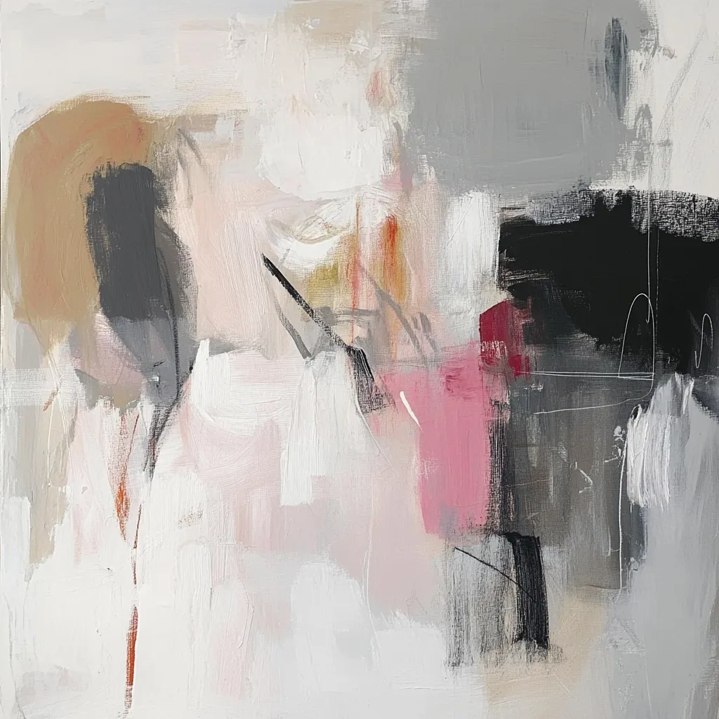 The abstract painting showcases a dynamic interplay of colors and textures.  Soft pinks and creams contrast with bolder strokes of gray and black.  Brushstrokes are visible, layered to create depth, with forms suggesting both organic shapes and geometric fragments. A sense of movement is conveyed through the diagonal and vertical lines against a predominantly light background.  The overall effect is one of delicate balance and subtle energy.