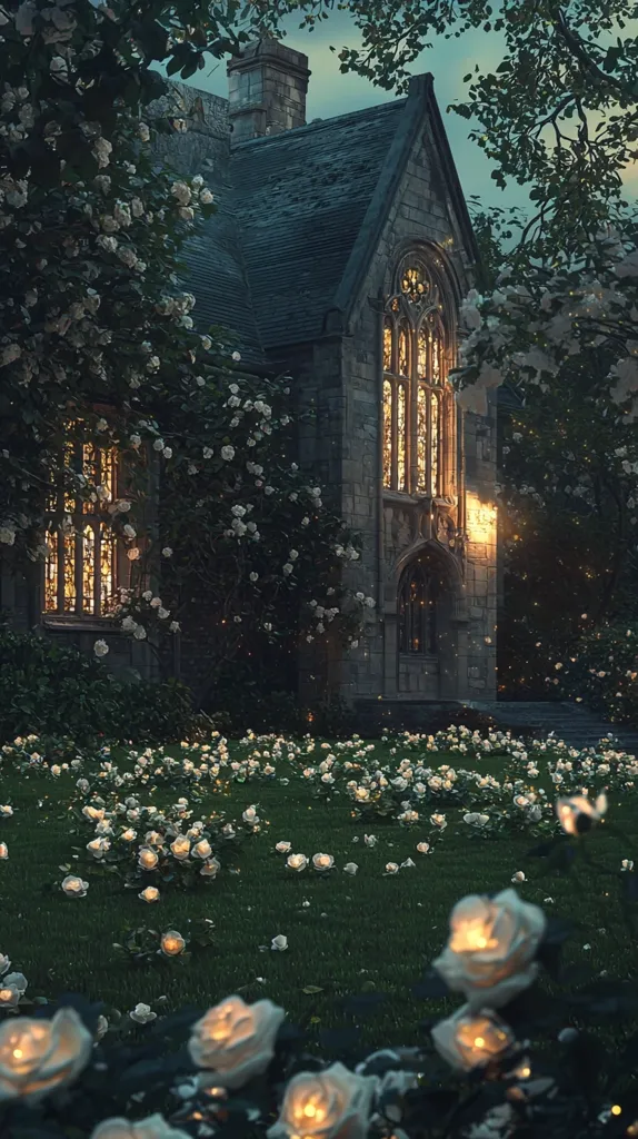 Here's a description of the image:

The image depicts a stone building, possibly a chapel or manor house, bathed in the soft glow of twilight.  Large, gothic-style windows with stained glass are illuminated from within, casting a warm light. Lush greenery, including flowering bushes overflowing with white roses, surrounds the building. The ground is covered in a carpet of white roses, some seemingly lit from within, creating a magical, almost ethereal ambiance. The overall mood is serene, peaceful, and slightly mysterious, suggestive of a fairytale setting.
