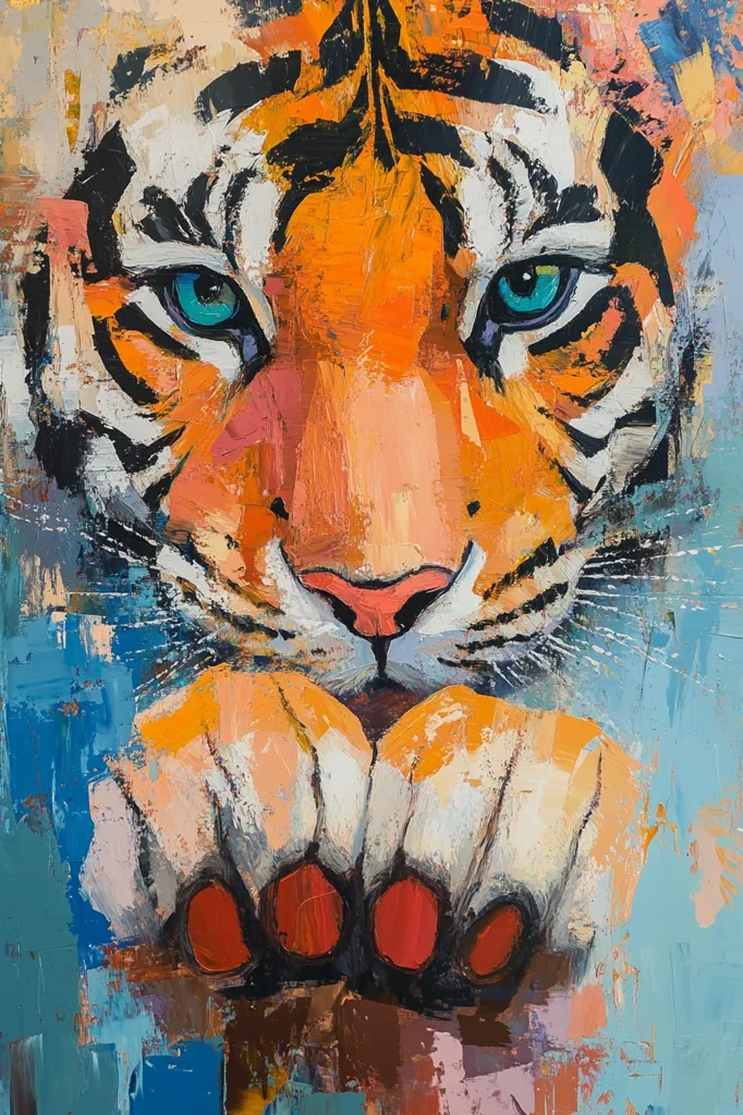 This is a vibrant oil painting of a tiger's face and paws. The artist uses bold, expressive brushstrokes to depict the tiger's striking orange and black stripes, with accents of white and teal.  The tiger's piercing blue eyes are a focal point, creating a sense of intensity. The paws are shown resting below, with claws painted in a rich red. The background is a textured mix of blues and muted tones, complementing the tiger's bright colors. The overall style is impasto, showing visible texture in the paint application.