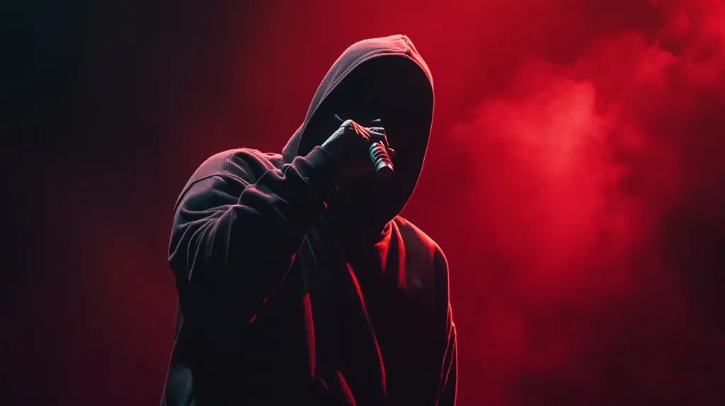 Here is a description of the image:

The image shows a person, likely a rapper or singer,  wearing a dark hooded sweatshirt, their face obscured by the shadows of the hood.  They are holding a microphone to their mouth, appearing to perform on stage. The background is dramatically lit with a deep red, smoky ambiance, creating a moody and intense atmosphere. The focus is sharply on the individual, emphasizing their anonymity and the raw emotionality of the performance.  The overall feel is dark, mysterious, and powerful.