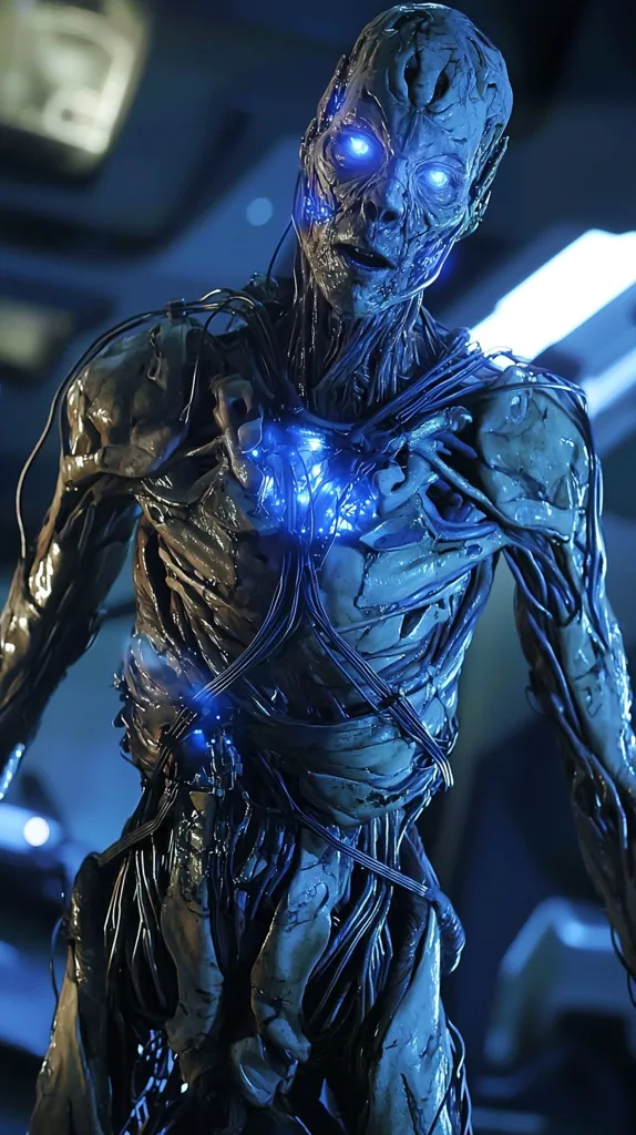 The image showcases a striking cyborg, seemingly humanoid but heavily augmented with technology.  Its skin is pale and decaying, yet interwoven with a complex network of glowing blue wires and circuitry.  The cyborg's eyes emit a bright blue light, enhancing its eerie, otherworldly appearance. The background is blurred but suggests a technological or industrial setting, emphasizing the cyborg's artificial nature. The overall tone is dark and somewhat unsettling, hinting at a science fiction or horror context.