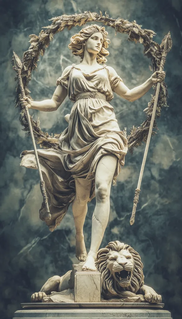 Here is a description of the image:

The image showcases a stunning, detailed statue of a woman, possibly a goddess or a mythological figure. She is depicted in flowing robes, holding two spears or staffs, one in each hand.  A wreath or crown of leaves encircles her head.  She stands victoriously atop a base, her foot resting on a recumbent lion.  The statue's style suggests classical or neoclassical influences, with realistic musculature and drapery folds. The background is a textured, dark teal, contrasting beautifully with the light-colored stone of the sculpture. The overall impression is one of power, triumph, and classical artistry.
