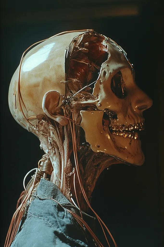 Here's a description of the image:

The image presents a detailed close-up of a stylized anatomical model, possibly a cyborg or android head and neck.  The skull is partially exposed, revealing inner structures and intricate wiring connecting to what seems to be a metallic or mechanical interior.  The skin appears aged or decaying, with visible muscle and bone textures.  A golden set of teeth contrasts with the otherwise muted tones. The model is presented in profile view, set against a dark, moody background, highlighting the detailed craftsmanship and giving it a somewhat macabre yet artistic quality.