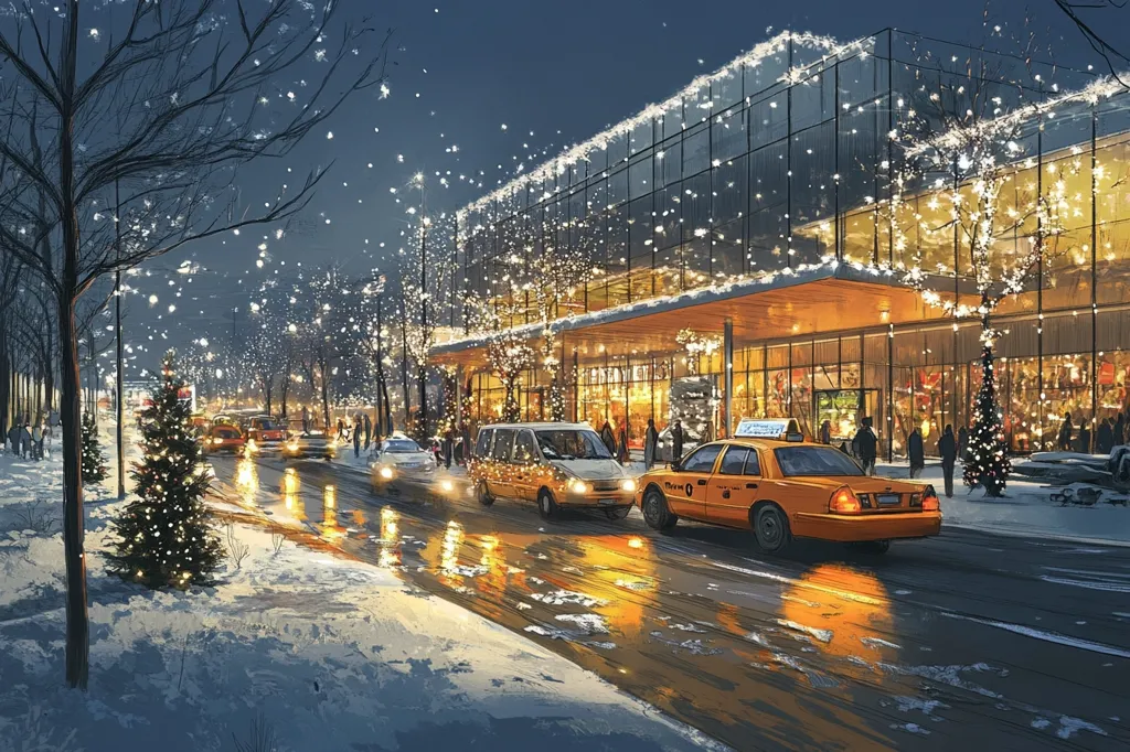 A snow-dusted city street at night is beautifully illuminated by Christmas lights strung across a modern glass building and along the trees lining the street.  Cars, including a yellow taxi, navigate the wet, reflective road.  A decorated Christmas tree stands prominently near the curb, adding to the festive atmosphere. Pedestrians stroll along the sidewalks, creating a lively yet peaceful winter scene. The overall style is digitally painted, capturing a warm and inviting holiday ambiance.