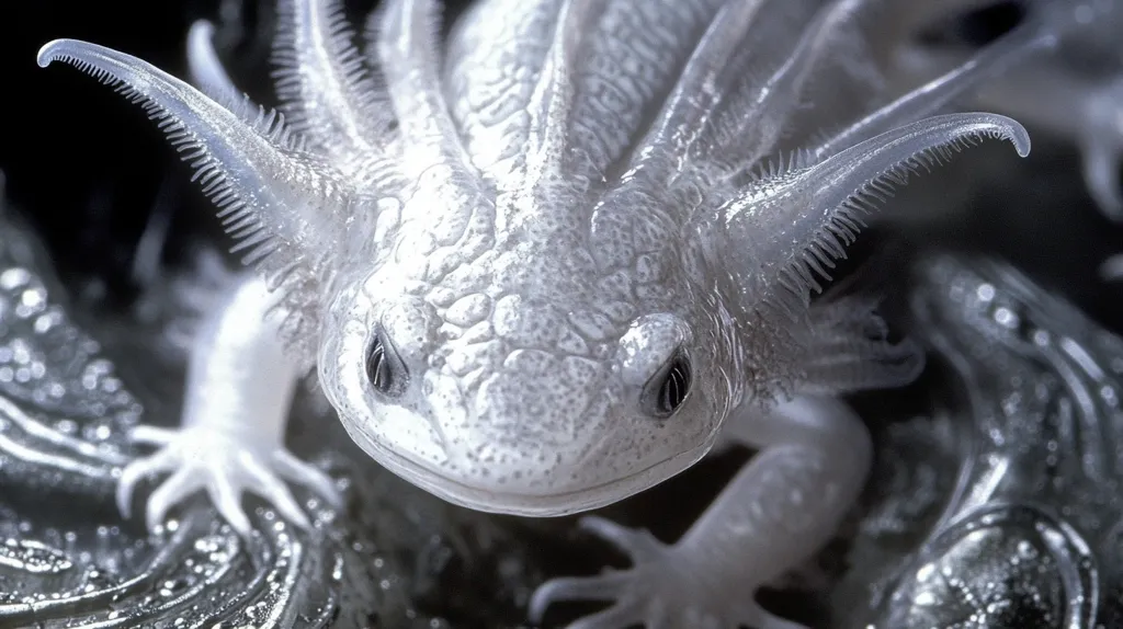 Here's a description of the image:

Close-up view of an albino axolotl, its translucent, pearly-white skin highlighting its intricate features.  External gills, resembling delicate, feathery branches, sprout from the sides of its head.  Small, dark eyes are visible, and its overall expression appears calm. The axolotl is positioned on a dark, textured surface, possibly metal, which contrasts with its light coloration. The background is blurred, focusing attention on the amphibian.  The image possesses a high level of detail, showcasing the axolotl's unique texture and fragile appearance.