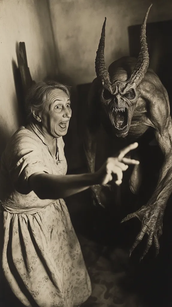 A sepia-toned photograph captures a dramatic scene.  An elderly woman, her face contorted in a scream of terror, recoils from a monstrous, horned creature lurking in the shadows.  The creature, dark and demonic with sharp claws and teeth, is intensely menacing. The woman's startled expression and outstretched hand create a strong sense of fear and immediacy, suggesting a supernatural encounter. The overall mood is one of horror and suspense.