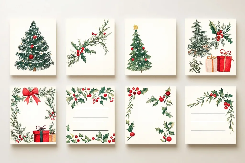 Eight watercolor-style Christmas cards are arranged in a grid.  Each features a different festive design: Christmas trees, holly sprigs, presents, and bows. Some cards offer blank lined spaces for notes, while others present complete holiday scenes.  The overall style is simple, elegant, and evokes a traditional Christmas feel.  The color palette is limited to greens, reds, and white, creating a cohesive and charming set.