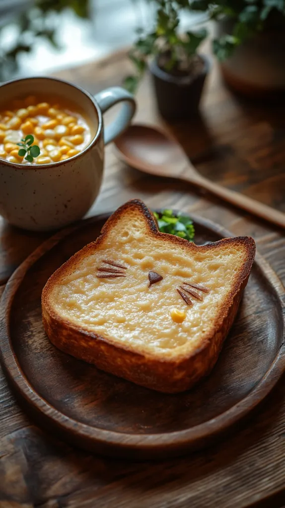 Here's a description of the image:

A rustic wooden table hosts a charming scene.  A small, light gray mug filled with creamy corn soup sits beside a wooden spoon.  The main focus is a piece of toast shaped and decorated like a cat face.  The cat features are created using a creamy spread and small chocolate pieces for the nose and whiskers.  The toast rests on a dark wooden plate.  Blurred in the background are potted plants, suggesting a cozy, home-like setting. The overall lighting is warm and inviting, highlighting the playful presentation of the food.
