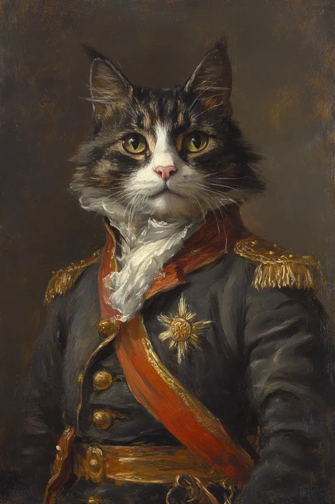 Here is a description of the image:

The painting depicts a long-haired calico cat, posed in the style of a classical portrait. The cat is dressed in a dark military-style uniform with gold epaulets, buttons, and a red sash. A gold star-shaped decoration adorns the chest of the uniform.  The cat’s expression is serious and dignified. The background is a dark, muted brown, drawing focus to the feline subject and its elaborate attire. The style mimics classical portraiture techniques, emphasizing detail and rich color tones.