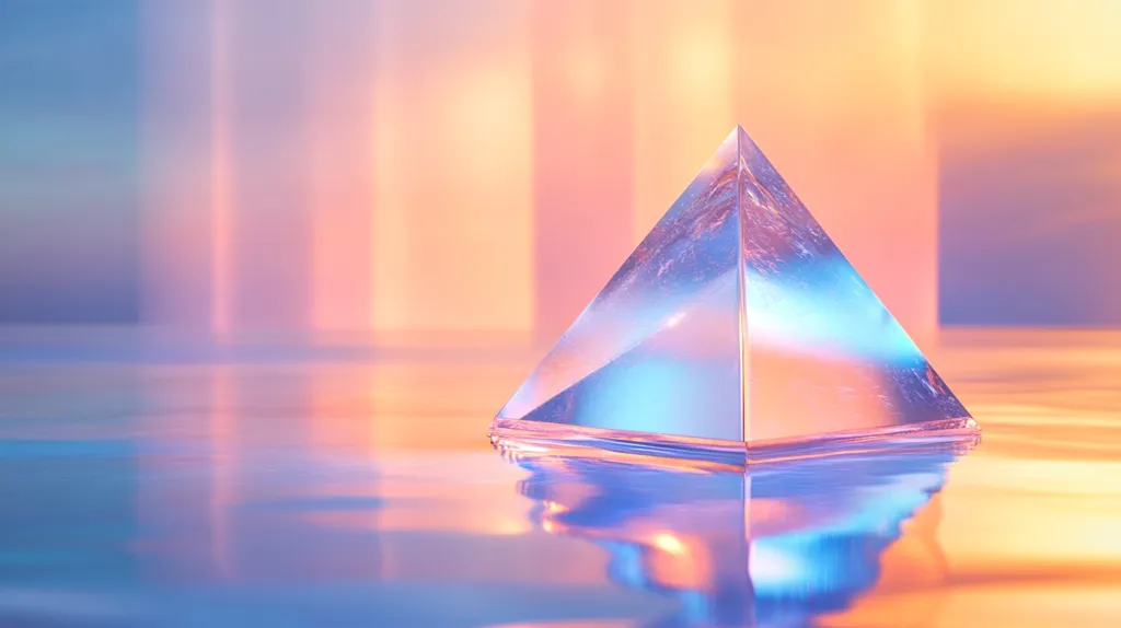 Here's a description of the image:

A transparent glass pyramid sits on a reflective surface, subtly distorting its reflection. The background is a blurred, pastel-colored gradient of pinks, oranges, and blues, creating a dreamy, ethereal atmosphere.  The pyramid's smooth facets refract the light, casting iridescent colors across its surface and onto the reflective plane below. The overall effect is serene and visually captivating, suggesting a sense of tranquility and mystery.
