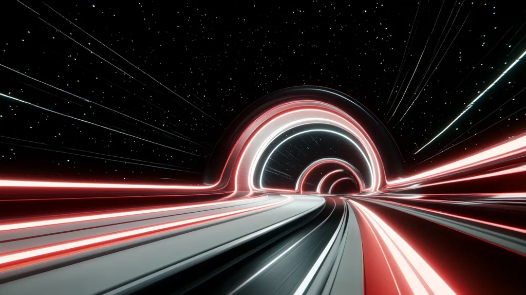 The image depicts a futuristic, abstract tunnel or roadway.  Bright red and white neon lights illuminate a curving path that stretches into the distance, disappearing into a series of nested circular structures.  The background is a deep black space speckled with stars, giving the impression of high speed movement. The overall aesthetic is sleek, modern, and suggestive of science fiction or a hyperspace journey.